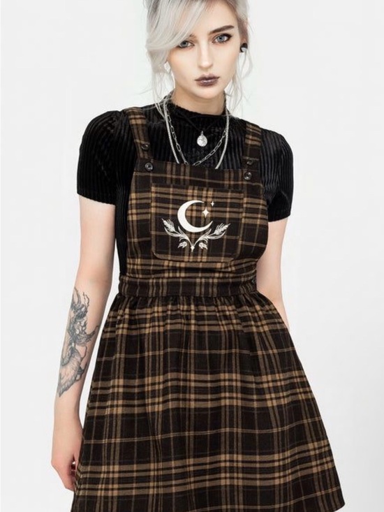 Disturbia Dresses & Skirts - Disturbia Brown Plaid Pinafore Dress with Crescent Moon